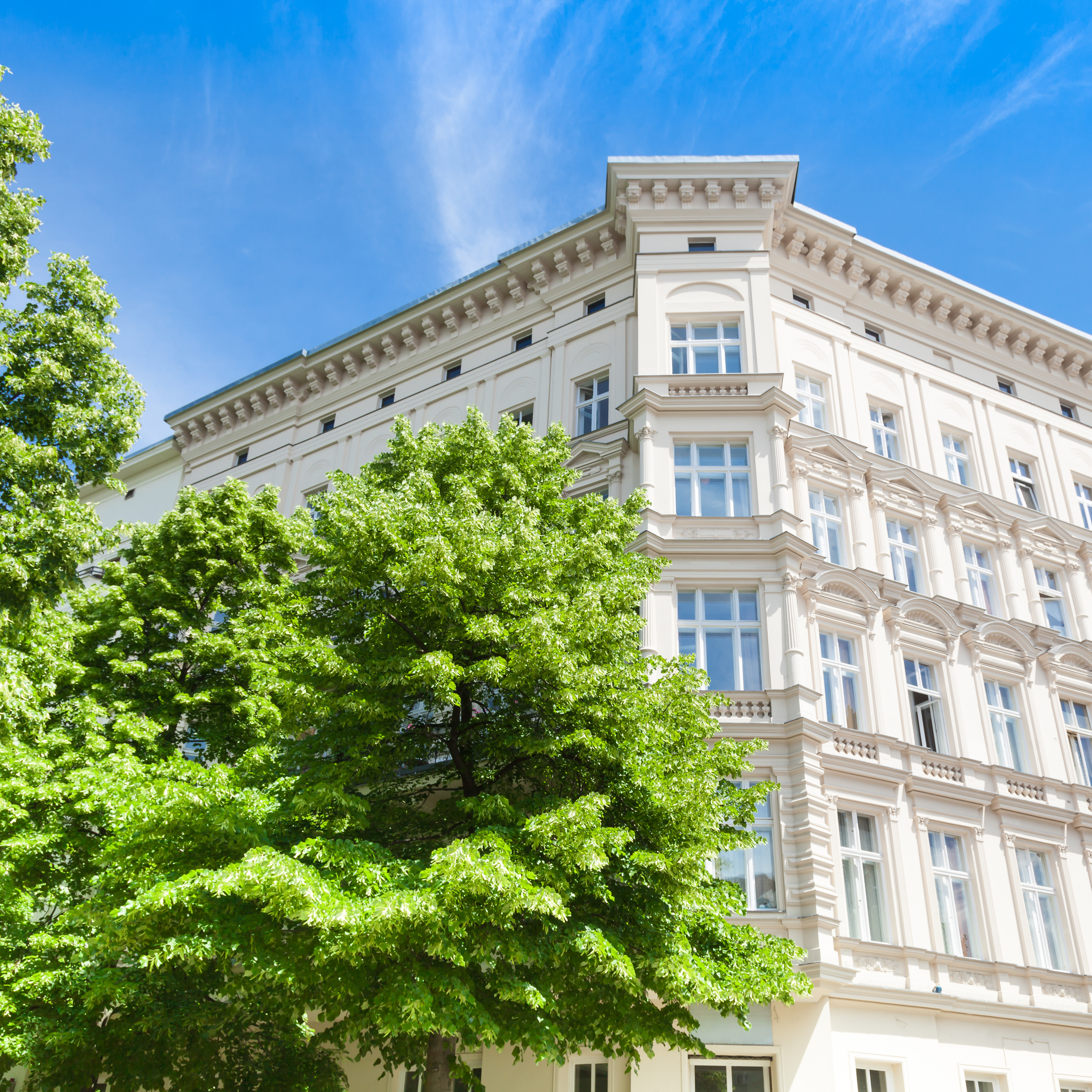 Zinshaus mit Baum im Vordergrund